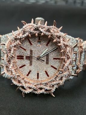 Rose Gold Pavé Crystal Men's Watch with Spiked Bezel